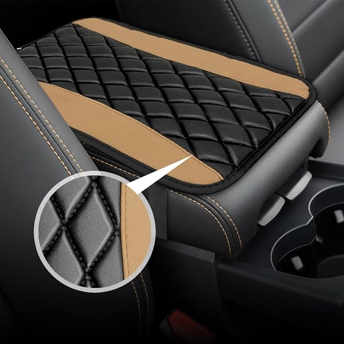 Car Center Console Cushion Pad, Arm Rest Covers, 12.6"×7.5" Leather Waterproof Auto Armrest Seat Box Protector, Auto Comfortable Center Console Cover Universal for Most Vehicles (Beige)