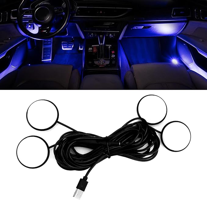 Car Interior Pedal LED Lights, Automotive Underglow Ambient RGB Door Lighting Kit with USB Port, 4 in 1 Decoration Neon Lights for Car, Home, Garden, Party (Blue)