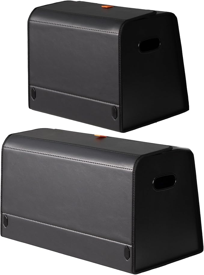 XDV Trunk Organizers, Car Organizers, Storage Solutions, and Car Storage Organizers for SUVs, Sedans, Back Seats, and Luxury Vehicles with Lid, Leather, Small, Large Car shoes box (Plain Black, M&L)