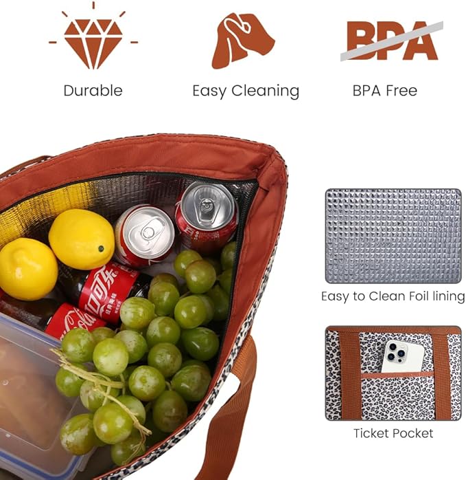 mosago Insulated Grocery Bag, Large Cow Print Reusable Cooler Bag with Zipper, Leakproof Thermal Tote for Food Delivery, Collapsible Shopping Bag for Picnic, Beach, Travel, Compatible with Delivery