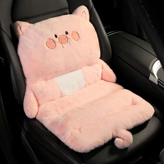 Cute Car Seat Cushion, Cartoon Plush Car Pillow for Driving Seat, Lumbar Support Pillow for Car with Anti-Slip Design, All-Season Car Headrest and Back Pillow for Cars, Chair, Wheelchair (Pig)