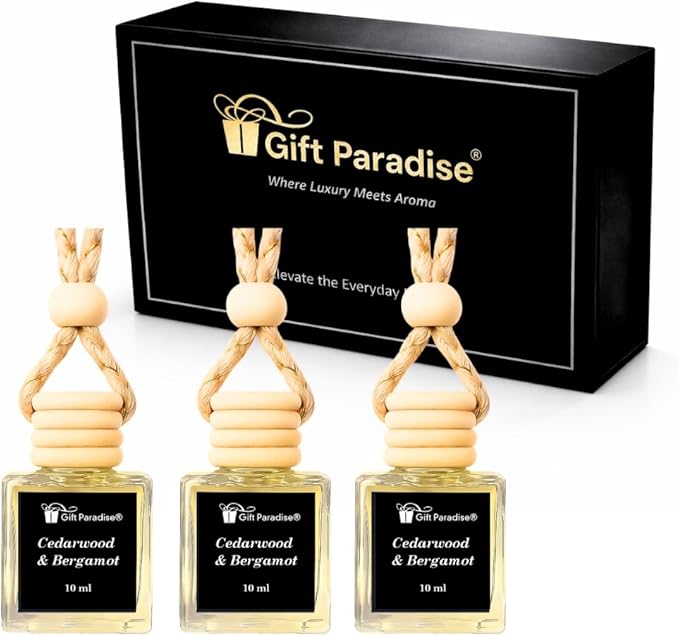 Gift Paradise® Cedarwood & Bergamot Car Air Freshener Set of 3, 10 ml Hanging Diffuser Bottles with Wooden Caps, Magnetic Gift Box, Woody Citrus Car Fragrance