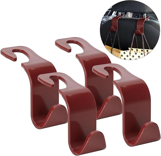 Soleebee 4 Pack Car Headrest Hooks - Universal Auto Hooks, Back Seat Hangers, Storage Organizer (Brown)