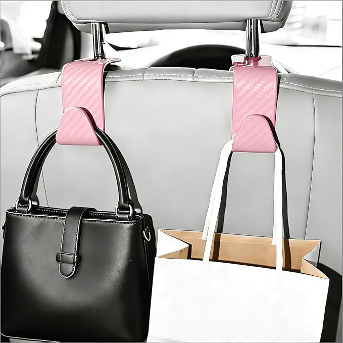 4PCS Car Seat Headrest Hook, Automotive Back Seat Storage Holder Hanger, Vehicle Interior Backseat Organizer Hanging Hook for Purse Handbag Grocery Bags, Universal Fit (Pink)