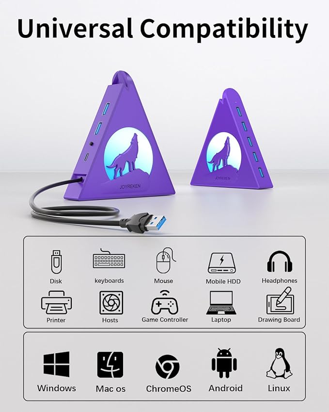 Deep Purple 7-Port USB 3.0 Hub, RGB Vertical Gaming USB Hub Tower with 5Gbps Data Transfer, 2FT Cable - USB Hub Splitter for PC, MacBook, Laptop, PS5, Flash Drives