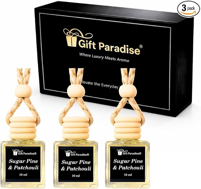 Sugar Pine & Patchouli Car Air Freshener Set of 3 (10 ml Each), Hanging Diffuser Bottles with Wooden Cap, Woodsy Earthy Fragrance for Car, Home & Office, Magnetic Gift Box