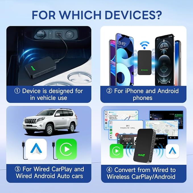 CarlinKit 5.0 Wireless CarPlay/Android Auto Adapter USB for Factory Wired Cars (Model Year: 2015 to 2026), Convert Wired Apple CarPlay & Android Auto to Wireless Dongle, Fit in-Dash Navigation