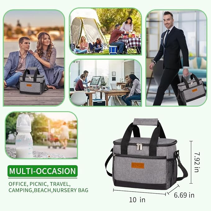 iknoe Insulated Lunch Bag, Foldable 8.5L Cooler Bag for Men & Women, Leakproof Thermal Design, Great for Office, Picnic, Travel, Lunch Box, Grey