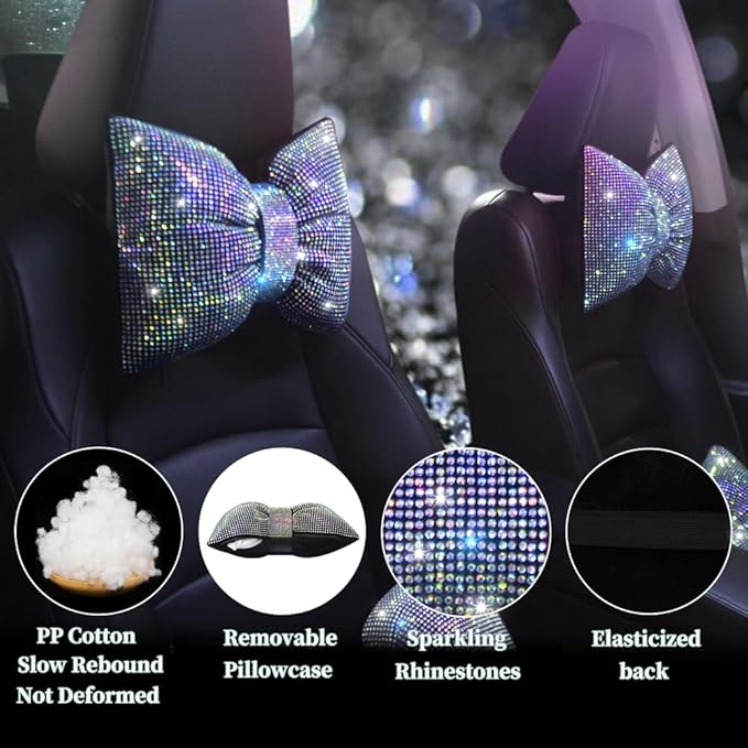 Bling Car Neck Pillow with Bow Tie Rainbow Crystal Rhinestone Diamond Automotive Accessories for Ladies and Woman Girls Driving Comfort Auto Seat Pillow for Driver Colorful 2Pcs