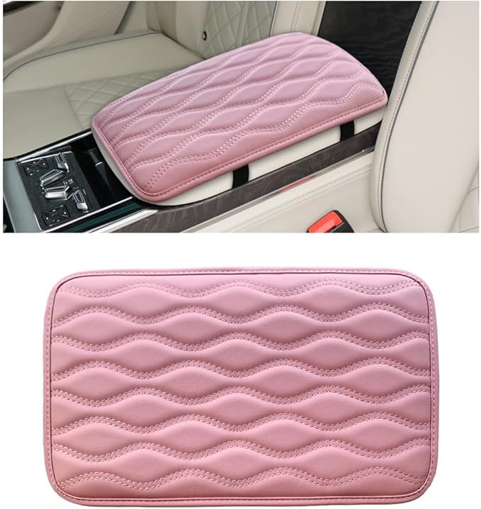 Car Center Console Cushion Pad, 12.48×7.40 Inches Waterproof Car Armrest Seat Box Cover, Comfortable PU Leather Vehicle Armrest Cover Protector, Car Decor Interior Accessories (Pink)