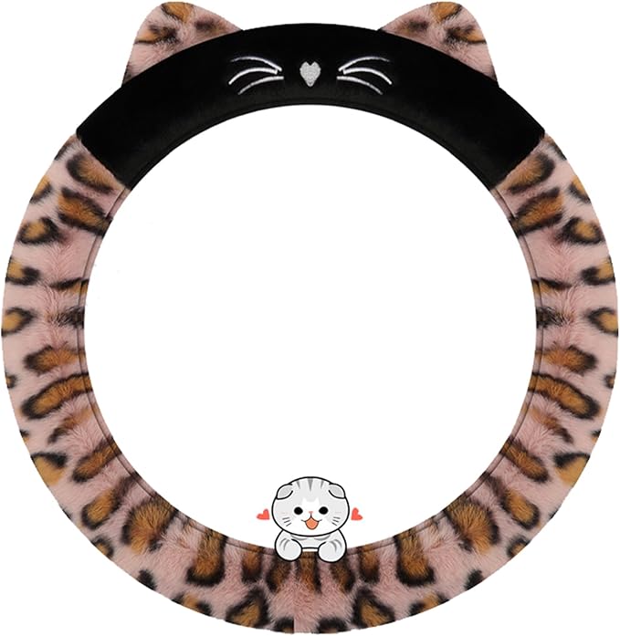 Dotesy 3D Ear Furry Cheetah Car Steering Wheel Cover Set Fluffy Faux Wool Steering Wheel Protector Leopard Anti-Slip Soft Warm Car Accessories for Women (Pink Brown)