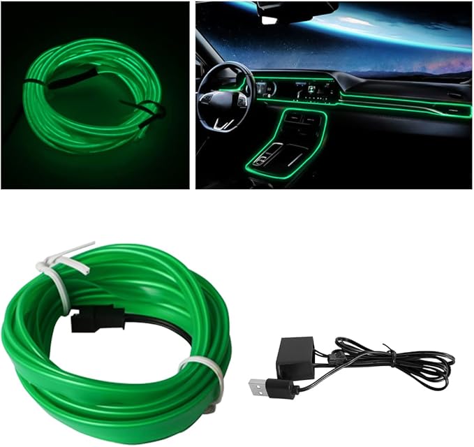 EL Wire LED Strip Lights, 10FT/3M USB Auto Neon Light Strip with Sewing Edge, Electroluminescent Car Ambient Lighting Kits with Fuse Protection, Car Decoration Accessories (Green/10FT)