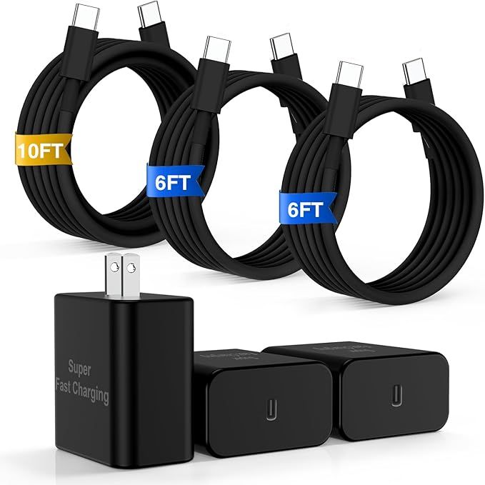 iPhone 17 16 Pro Max Charger Fast Charging, Super Fast USB C Chargers for iPhone 17 (6FT+6FT+10FT) Type C Chargers Cord with Fast Charger Block for iPhone 17/16/15 Series/iPad/ GalaxyS26/S25 Black
