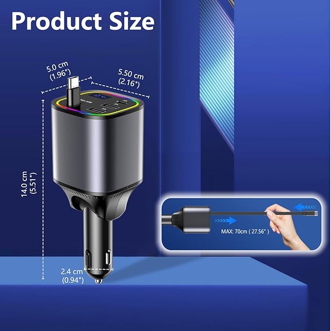 Car Charger USB C - Cigarette Lighter Adapter 78W Fast Retractable Car Charger for iPhone 17 16 pro max 15 14 13 12 Android, 4 in1 Phone Charger with C Cable & Lights for Cars, Car Accessories Gift