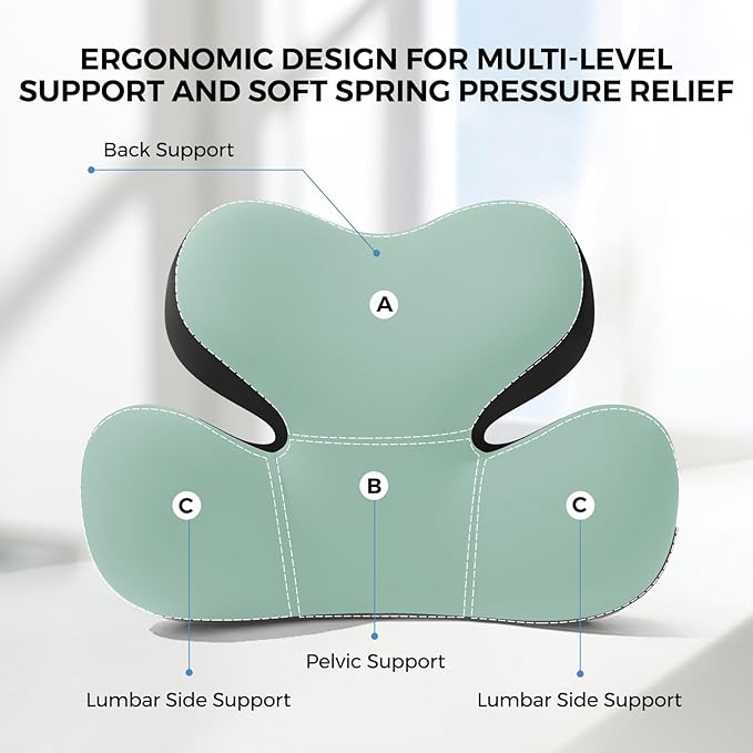 BEBAS Lumbar Support Pillow for Car, Ergonomic Memory Foam Back Cushion for Driving, Lower Back Support for Pain Relief, Lumbar Cushion for Car Seats, Office Chairs, Wheelchairs - Green