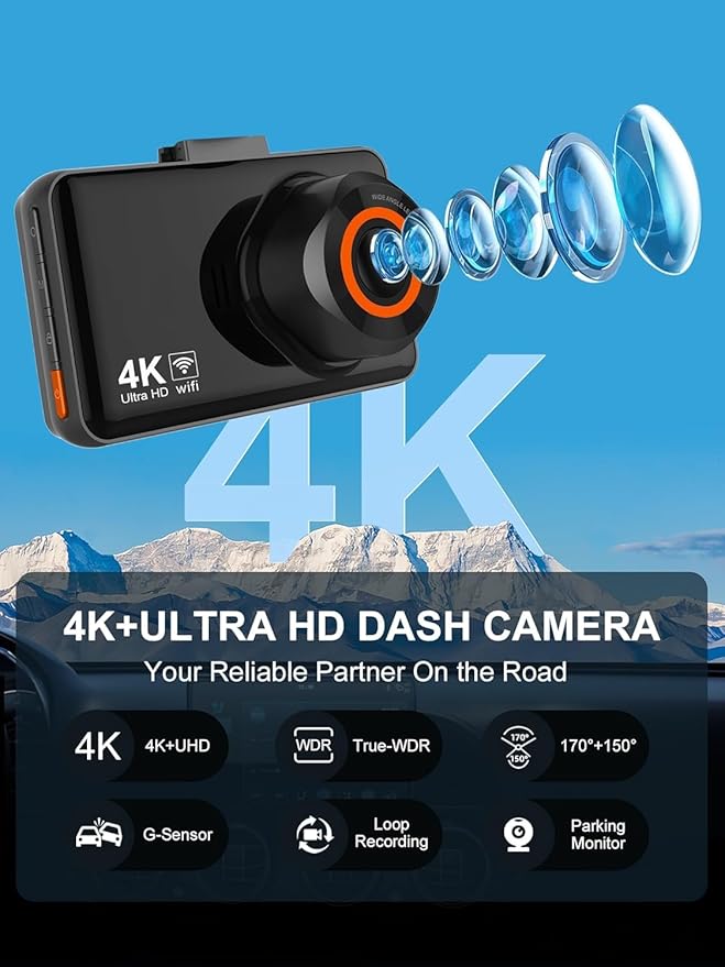 Dash Cam Front and Rear, 4K HD Dash Cam for Cars Built-in WiFi, Car Camera with Night Vision, 64GB Card, 170°Wide Angle, WDR, 3" IPS Screen, Loop Recording, G-Sensor, 24 H P Monitor (K9)