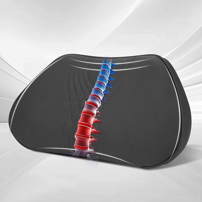 Lumbar Support Pillow for Car Seat, Office Chair Nappa Leather Memory Foam Lower Back Cushion for Back Pain Relief Improve Posture, Ergonomic Back Rest for Gaming Chair, Black, 1PC