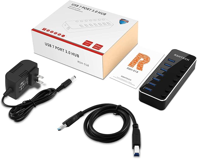USB 3.0 Hub, RSHTECH 7 Port Powered USB Hub Expander Aluminum USB 3.0 Data Port hub with Universal 5V AC Adapter and Individual On/Off Switches USB Splitter for Laptop and PC(Black) (Pack of 2)