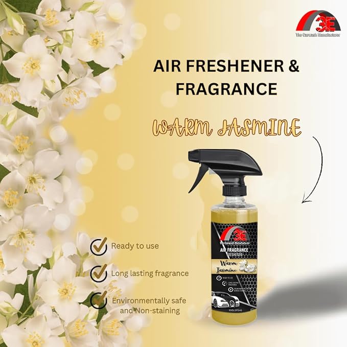 3E Car Air Freshener Premium Jasmine Scent 16 fl oz – Professional Automotive Air Freshener & Odor Eliminator, Long-Lasting Interior Fragrance for Cars, Trucks, SUVs, RV, Home & Office (JASMINE)
