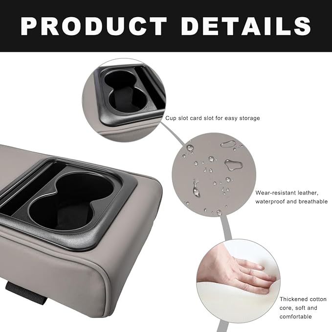 Car Center Console Armrest Pillow, 14"×8.3" Waterproof Leather Armrest Box Cover with Cup and Phone Holder, Soft Memory Foam Arm Rest Console Pad Protector for SUV Truck (Gray, Glossy)