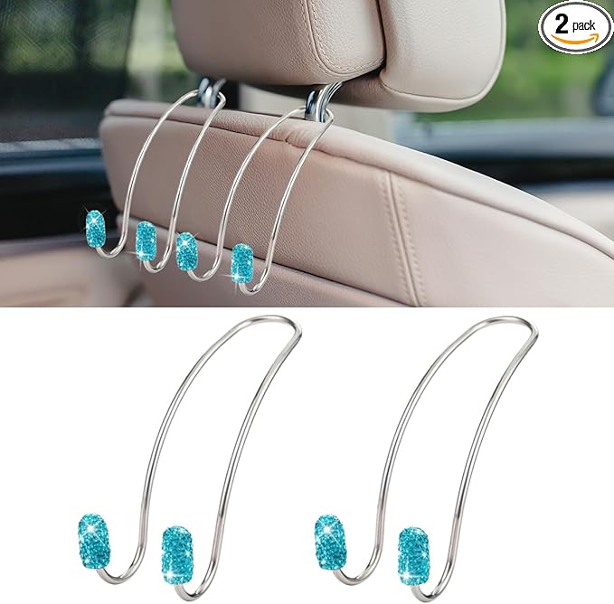 2PCS Car Headrest Hook Hangers, Bling Stainless Steel Car Backseat Holder, Strong Car Headrest Storage Hooks, Universal Car Organizers Accessories for Coats Umbrellas Grocery Handbags (Blue)