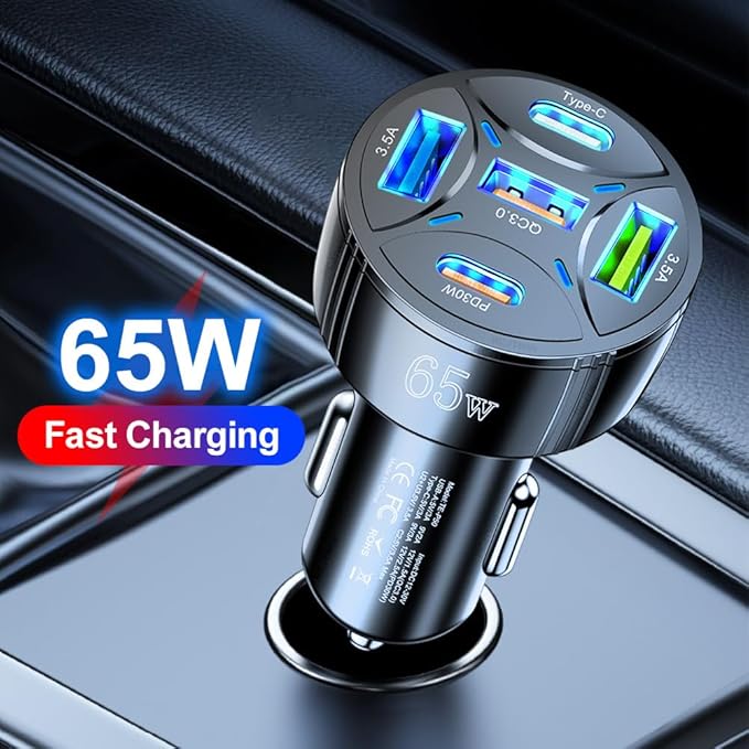 Super Fast Charging USB-C Car Charger Adapter, 65W 5-in-1 Multi-Port PD30W & QC3.0 Cigarette Lighter USB Charger for iPhone/Android/Samsung/iPad Pro (Black)
