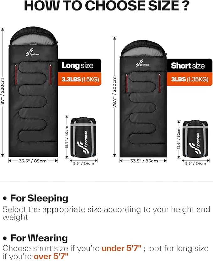 Sportneer Wearable Sleeping Bag for Adults & Kids – Walkable with Arm Zippers, Warm Weather & Cold Waterproof, Compact for Camping, Stadiums, Travel, Backpacking & Car Use