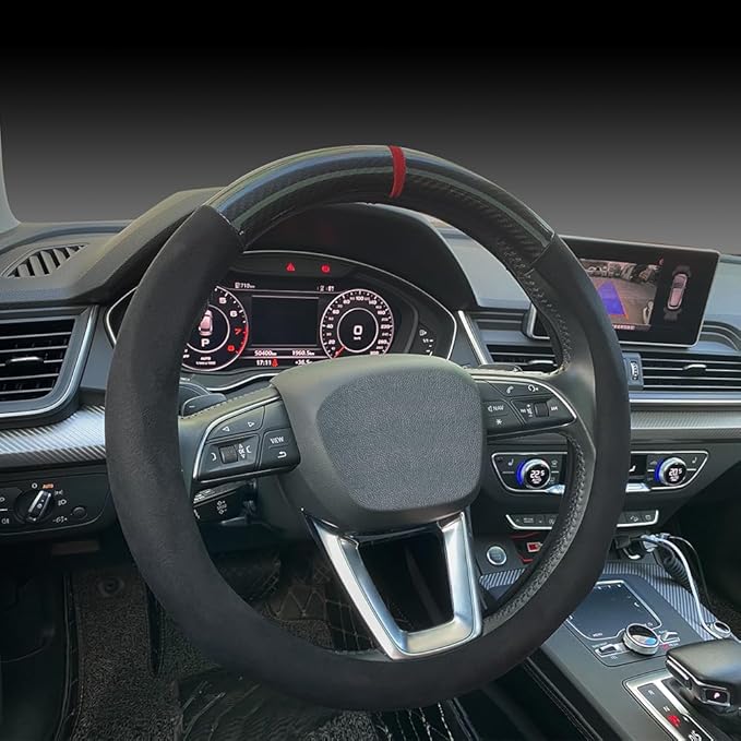 Carodi Car Suede Carbon Fiber Steering Wheel Cover car Anti-Skid Leather car Interior Accessories Decoration 15 inch Universal (Black)
