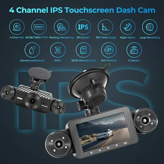 4 Channel Dash Cam 360° View, Include Front & Rear Left Right Camera Support 4 Way Recording, 32GB Card, 3” IPS Screen/Night Vision/WDR/24H Parking/G-Sensor（2G/4G/8G / 3 Split Screen (4 Channel)