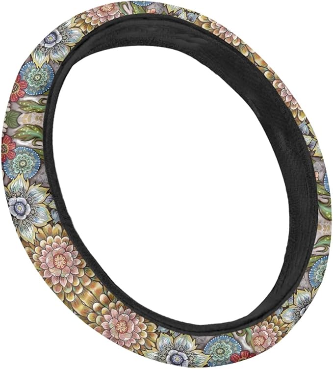 AFPANQZ Boho Floral Bright Blossoms Car Steering Wheel Covers for Womens Anti-Slip Comfortable Stretch-on Steering Wheel Protector Cover Sweat Absorption Cover Car Accessories