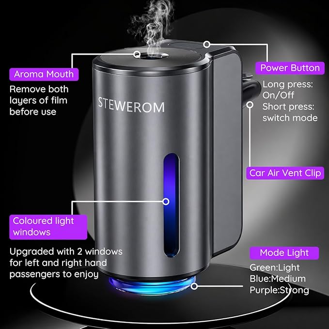 Smart Car Air Freshener, 3 Levels of Adjustable Intensity, Aroma Rechargeable Aroma Diffuser, Adjustable Aroma Diffuser, 220mAh Built-in， Fresh+Intense+Ocean Perfume