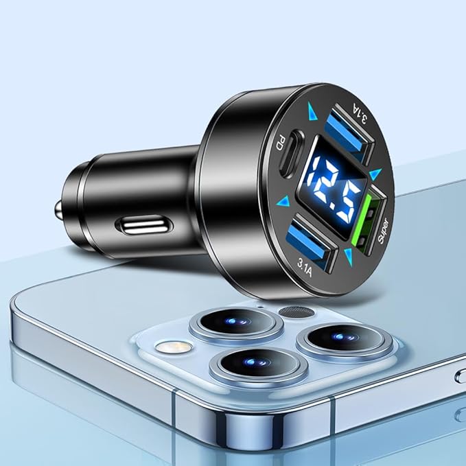 4-Port Fast Car Charger With Plug Outlet, LED Voltmeter, PD3.1, Super Port - Universal Cigarette Lighter USB Accessory Compatible With iPhone & Android (PD/Super)