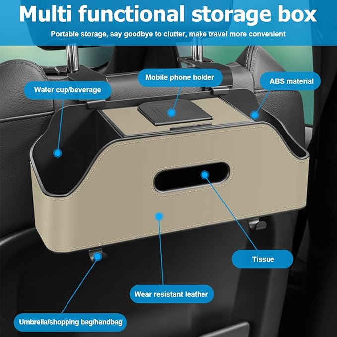 Zipelo Car Headrest Backseat Organizer with Cup Holder, Multi-Functional Vehicle Seat Back Hanging Storage Box with Hooks, Auto Drink Snack Phone Tray Travel Accessories for Kids Adults (Beige)