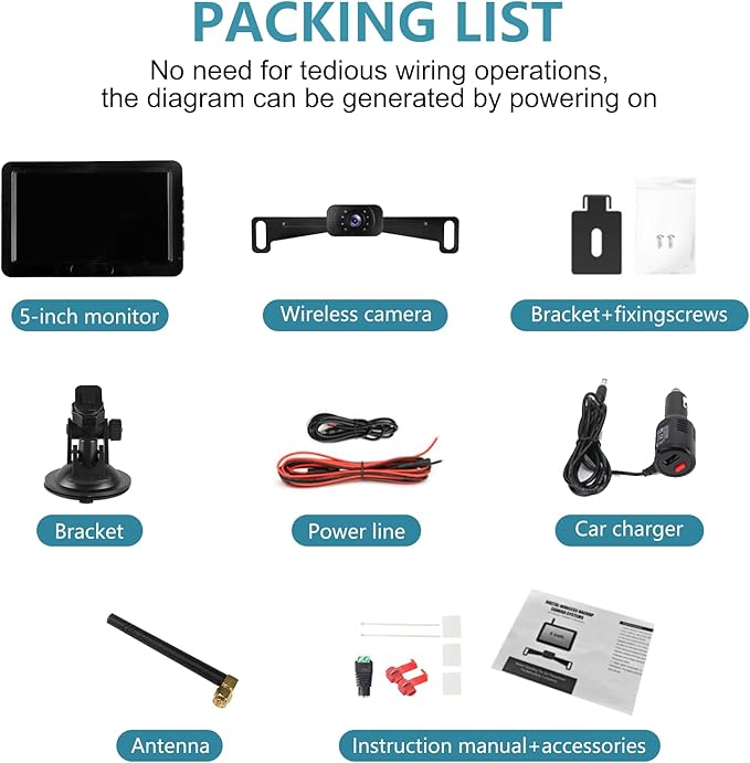 Wireless Backup Camera Kit for Trucks, 5 Inch 1080P HD Image,IP69 Waterproof, Color Night Vision, Adjustable Parking Line, License Plate Reversing Camera for for Trucks Car, Small RV, Pickup