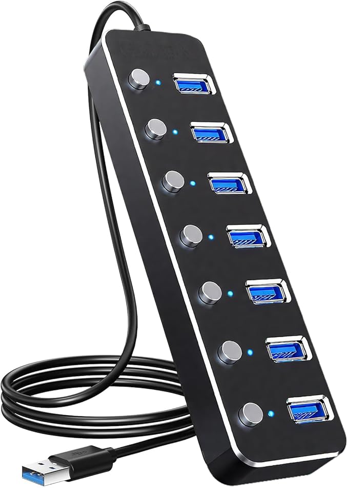 USB 3.0 Hub 7 Port USB Hub with 2ft Long Cable Aluminum USB Hub for Laptop and PC with Individual On/Off Switch and LED Indicator