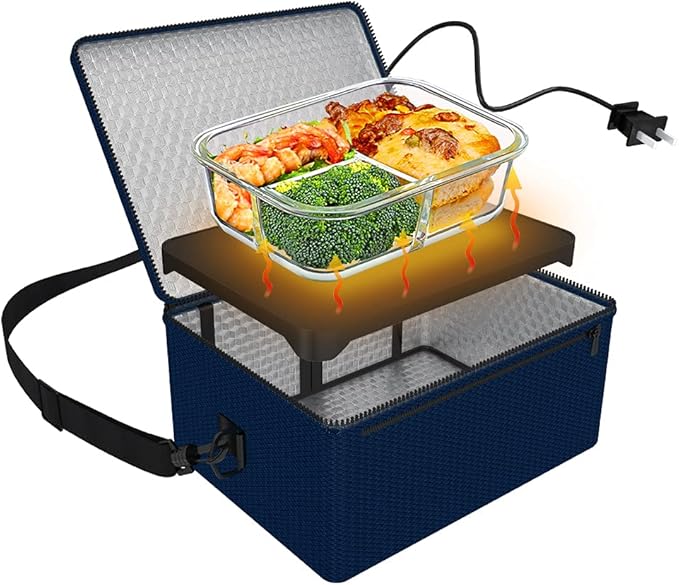 Portable Oven, 110V Portable Food Warmer Personal Portable Oven Mini Electric Heated Lunch Box for Reheating & Raw Food Cooking in Office, Travel, Potlucks and Home Kitchen (Navy Blue)