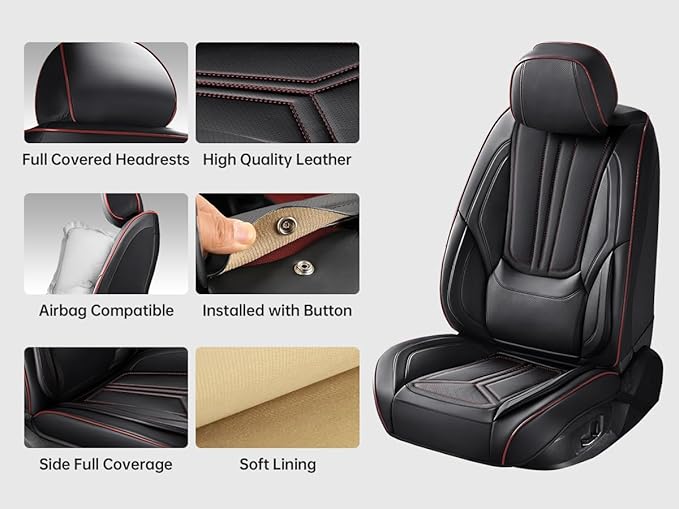 Car Seat Covers, Premium Leather Car Seat Covers, Waterproof and Breathable Seat Covers, Universal Car Seat Protector Fit for Cars, Trucks, SUVs, Pick-ups (Black&Red line, FullSet)