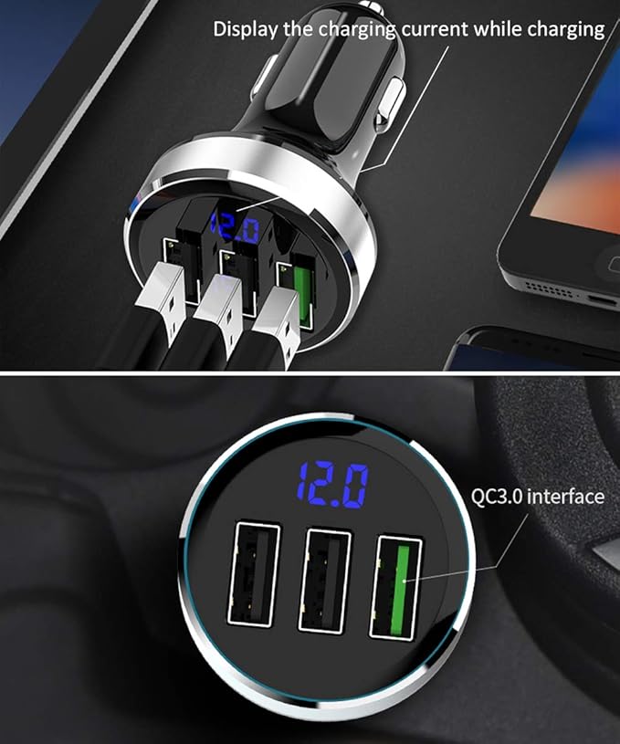 LIHAN 3 USB Car Charger,12V/24V Voltage Meter, QC3.0 Output 4.8A, Cigarette Lighter Plug Adapter Compatible with iPhone,iPad, Samsung, USB Charging Devices, Silver