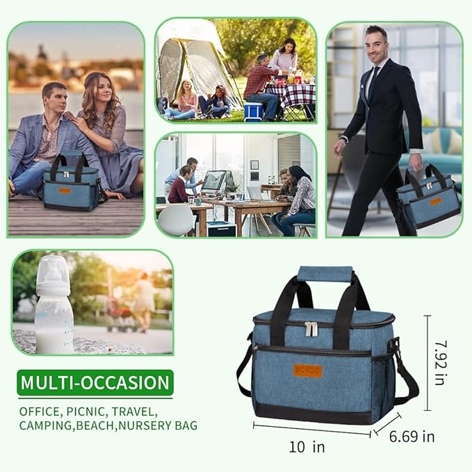 iknoe Insulated Lunch Bag, Foldable 8.5L Cooler Bag for Men & Women, Leakproof Thermal Design, Great for Office, Picnic, Travel, Lunch Box, Blue