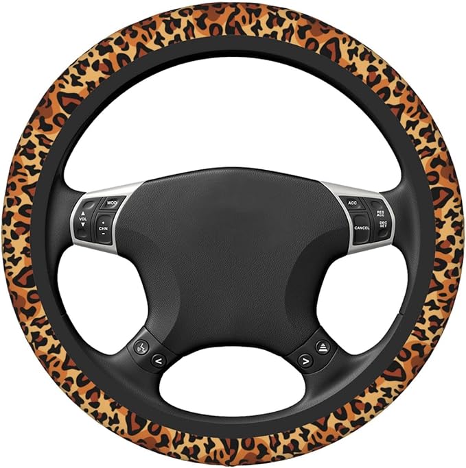 Leopard Print Steering Wheel Cover Women Men Elastic Stretch Soft Car Wheel Protector Universal Breathable No-Slip Car Accessories for Truck Van SUV Auto Fit 14-15 Inches