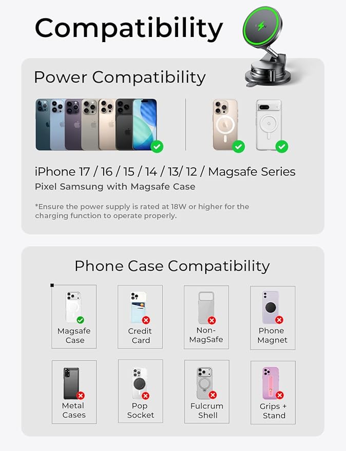 LISEN 15W Magsafe Car Mount Charger, Magnetic Wireless Car Charger, Suction Phone Mount, Vacuum Magnetic Phone Holder for Car Charger for iPhone 17 Pro Max 16 15 14 13 12, Samsung,Pixel, Gifts for Mom