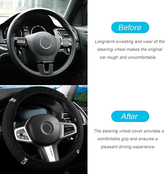 Bling Car Steering Wheel Cover, 15 Inch Crystal Rhinestones Elastic Stretch Breathable Vehicle Steering Wheel Protector for Women Girls, Universal Auto Interior Accessories (Black)