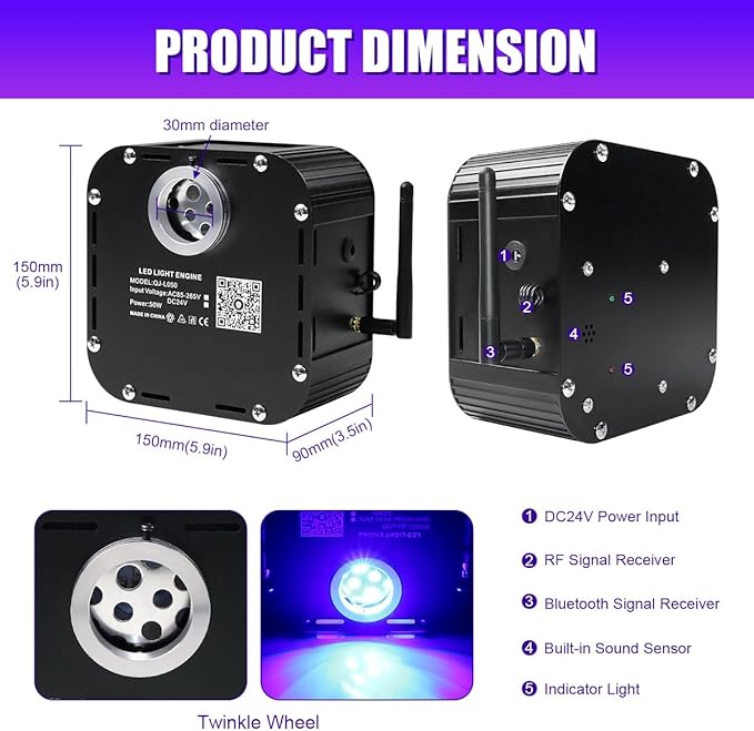 AZIMOM High Brightness 50W Twinkle Fiber Optic Starlight Kits for Theater Ceiling Headliner1000pcs 0.03in 16.5ft Fiber Strands Sound Activated Bluetooth/APP Remote Control Home Shop Lobby Roof Decor