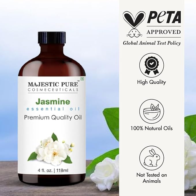 Majestic Pure Essential Oil with Glass Dropper - 100% Pure and Natural - Essential Oils for Diffuser, Aromatherapy, Soap and Candle Making, Jasmine Essential Oil, Jasmine Oil, 4 Fl Oz (Pack of 2)