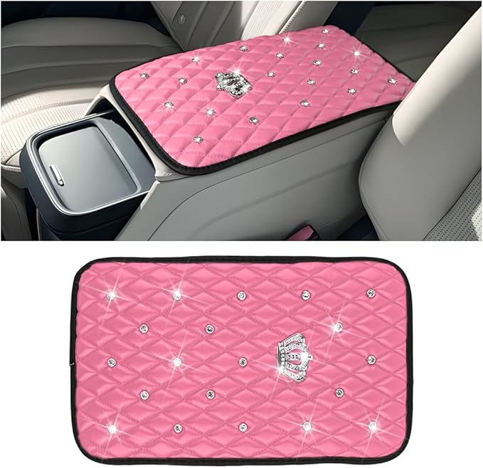 Mandark Bling Car Center Console Cover, Rhinestones Crown Vehicle Armrest Seat Box Mat Pad, Diamond Automotive Interior Arm Rest Cushion Protector Decor Accessories, Universal Fit(Pink)