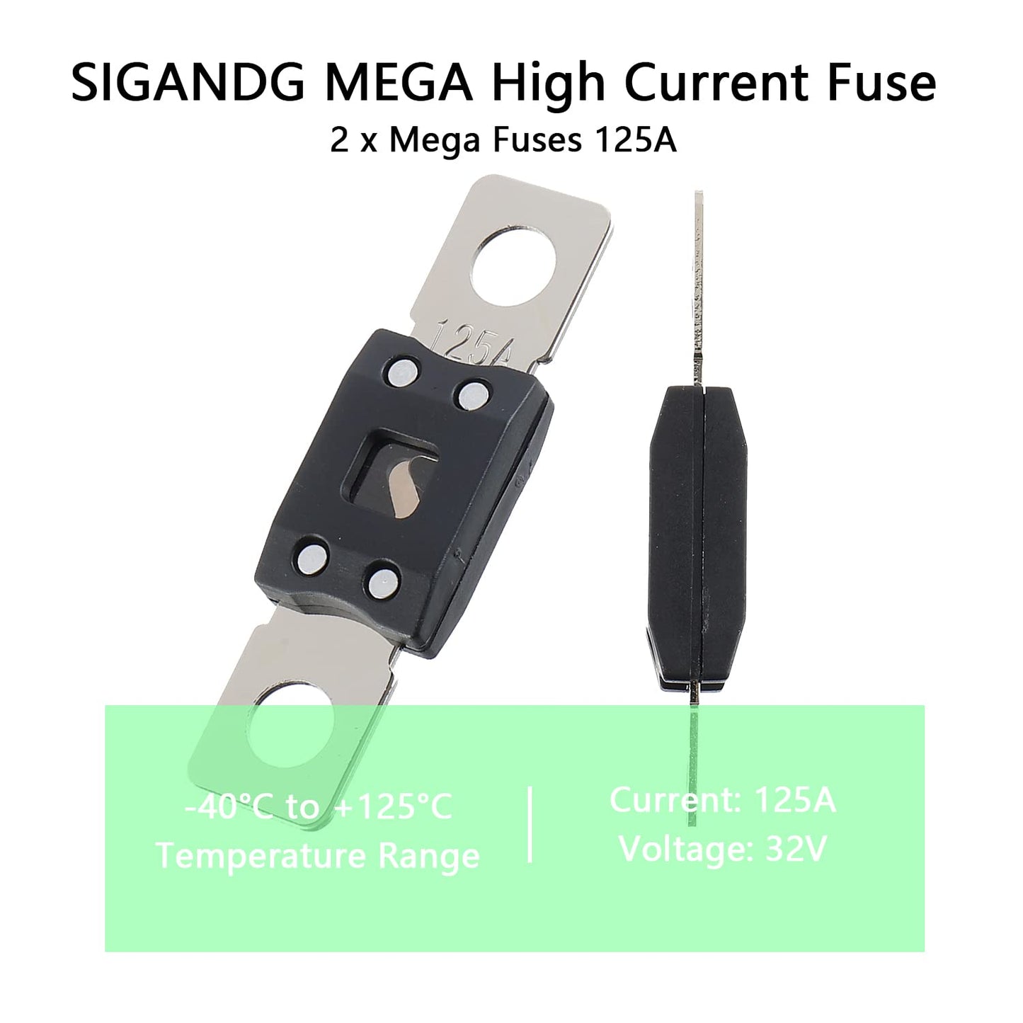 125A MEGA High Current Fuse - 125 Amp Bolt-on Fuse for Cars, Trucks, Construction Vehicles, Buses, Caravans (2 Pcs)