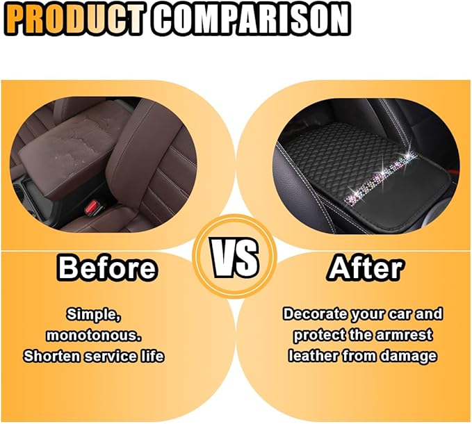 Bling Leather Car Armrest Seat Box Cover, Car Console Armrest Cover with Crystal Rhinestones, Anti-Scratch Waterproof Auto Center Console Protector Cushion Pad for Car SUV Truck (Black)