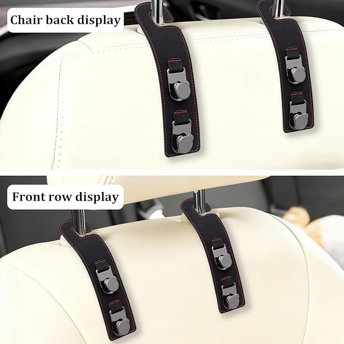 HZEL 2PCS Car Seat Headrest Hooks, Dual Hook Suede Vehicle Backseat Storage Holder for Purse Handbag Coat, Multifunctional Auto Seat Back Grocery Hanger Organizer, Universal for Vehicles (Black)