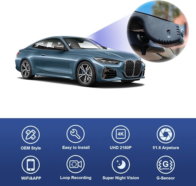 Fitcamx 4K Dash Cam for 2020-2024 BMW 4 Series M4 430i 440i M440i Xdrive G22 G23 G26 G82 G83 (HD2-6808), OEM Look, UHD 2160P Video, WiFi&APP, Loop Recording, Gravity Sensor, Plug&Play, 64GB Card