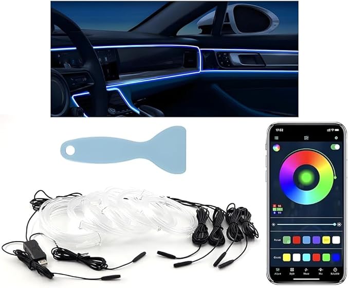 HZEL Car LED Strip Light, 6 in 1 RGB Smart APP Control Vehicle Fiber Optic Ambient Lamp with USB Port & Music Sync Mode, Auto Interior Decor Lighting Kit, Universal for Most Cars